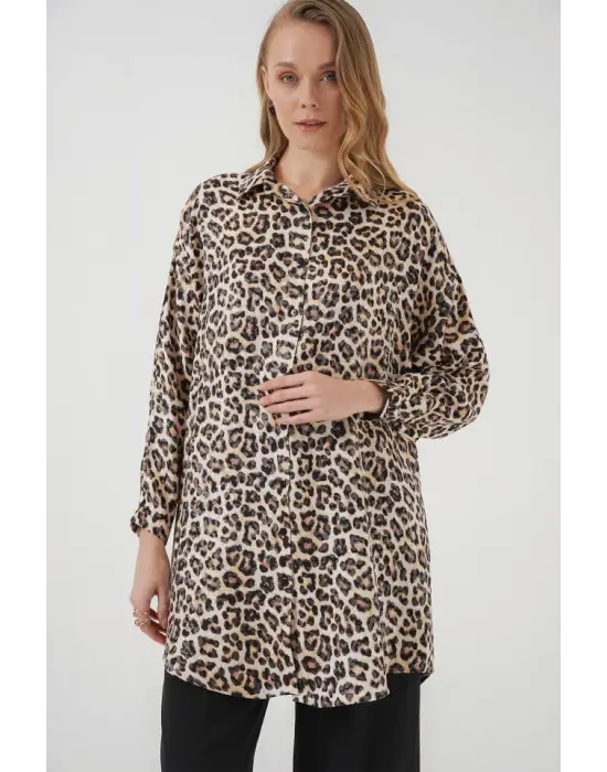 5944 Desenli Uzun Gömlek Tunik - Bej