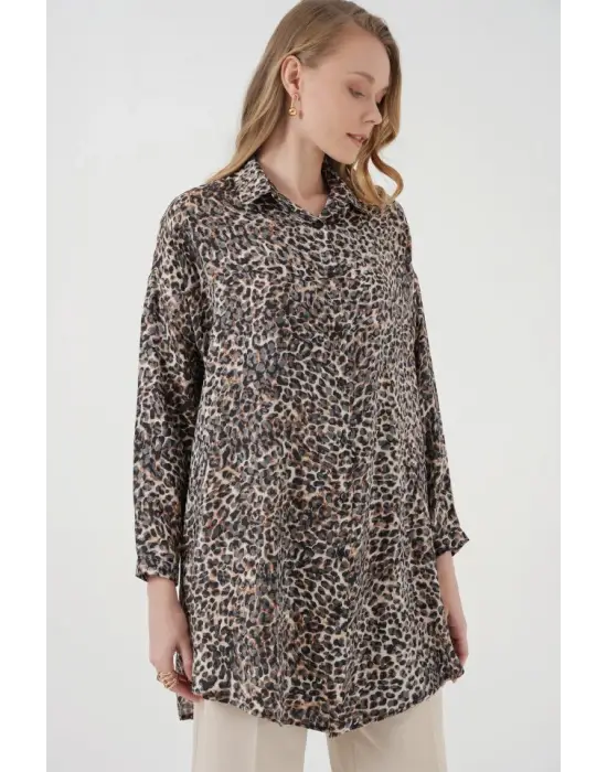 5944 Desenli Uzun Gömlek Tunik - C. Kahverengi