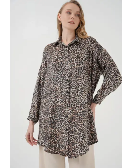 5944 Desenli Uzun Gömlek Tunik - C. Kahverengi