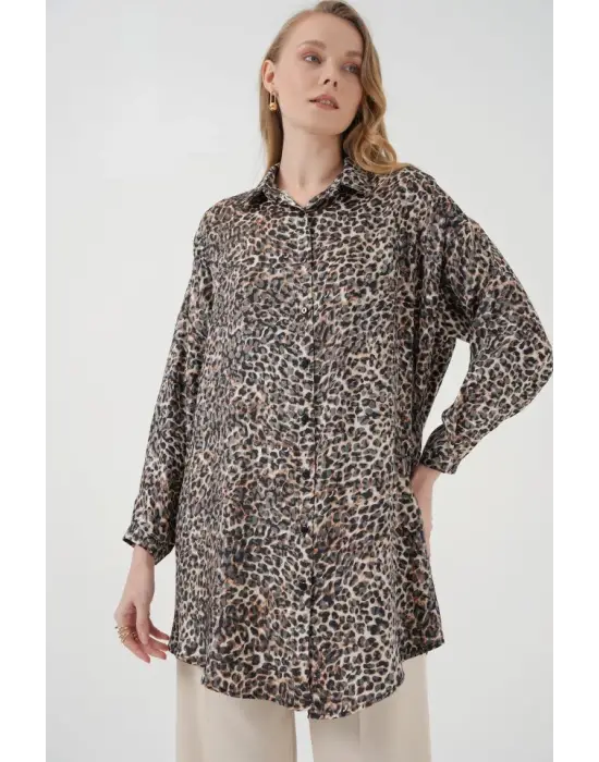 5944 Desenli Uzun Gömlek Tunik - C. Kahverengi