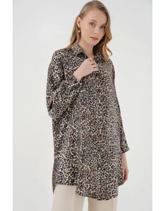 5944 Desenli Uzun Gömlek Tunik - C. Kahverengi