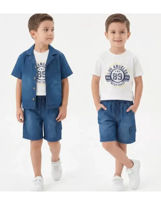 6/10 Yaş Denim Gömlek Şortlu 3lü Çocuk Takımı