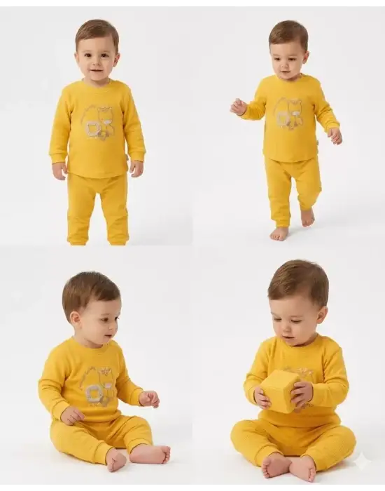 6/24 Ay Baskılı Waffle Kumaş Bebek Takımı