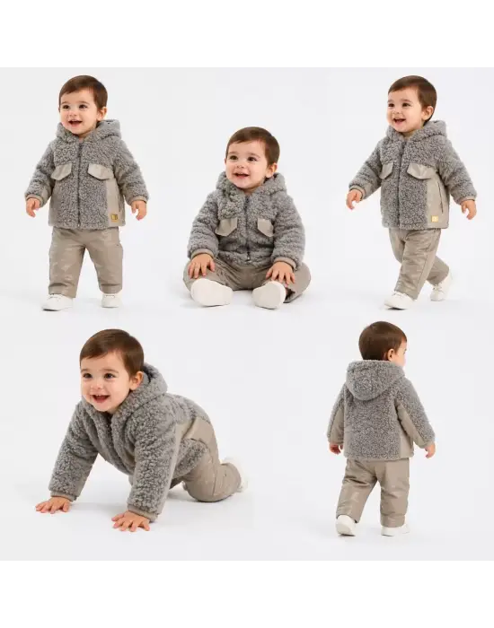 6/24 Ay Deri Detaylı Ceketli Kuzu Bebek Takımı