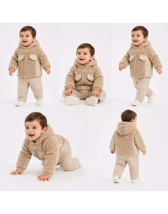 6/24 Ay Deri Detaylı Ceketli Kuzu Bebek Takımı