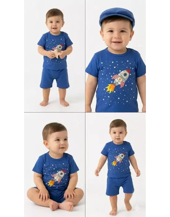 6/24 Ay Roket Baskılı 2li Bebek Takımı