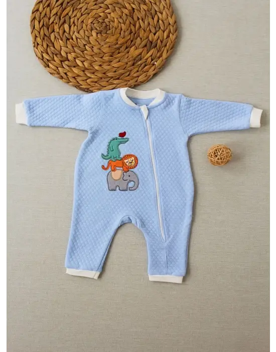 Enerjik Animal Nakışlı Fermuarlı Bebek Tulumu Mavi
