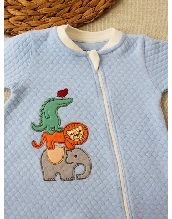 Enerjik Animal Nakışlı Fermuarlı Bebek Tulumu Mavi