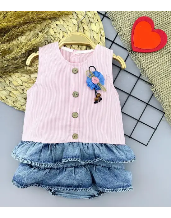 Zarif Detaylı Kot Kilotlu Etek Bebek Elbisesi