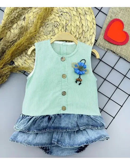 Modern Gül Rozet Detaylı Kot Bebek Elbisesi