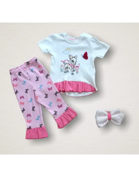 Çarpıcı Bandanalı Sweat 3lü Kız Bebek Takımı