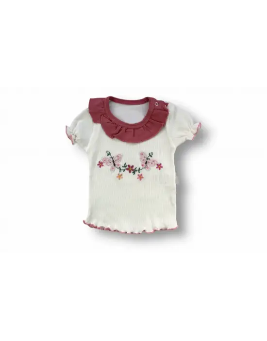 Çiçek Nakışlı Bandanalı Kısa Kollu Bebek Takımı