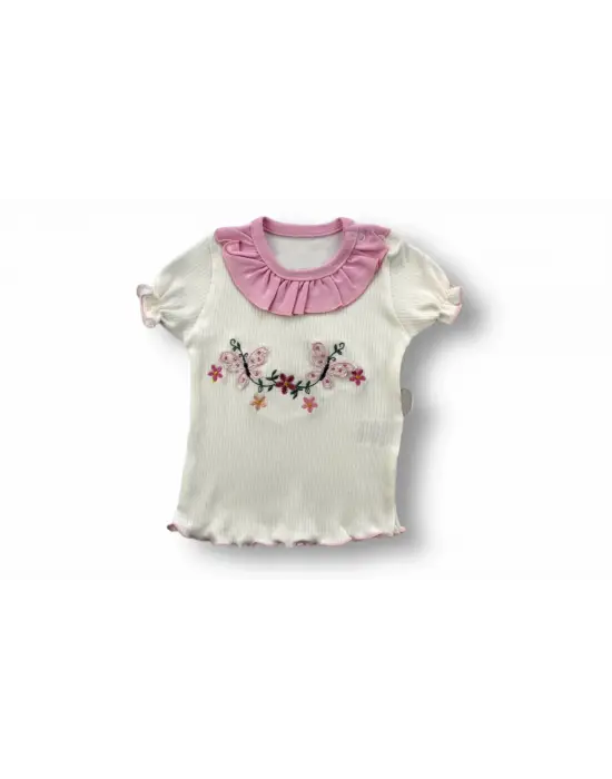 Çiçek Nakışlı Bandanalı Kısa Kollu Kız Bebek Takımı