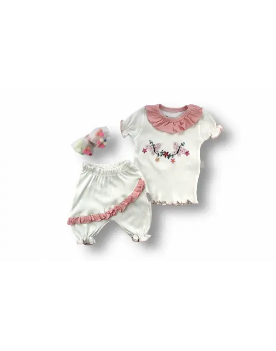 Göz Alıcı Çiçek Nakışlı Kısa Kollu Bebek Takımı
