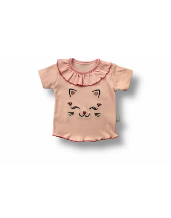 Şık Kedi Baskılı Kısa Kollu Sweat 3lü Kız Bebek Takımı