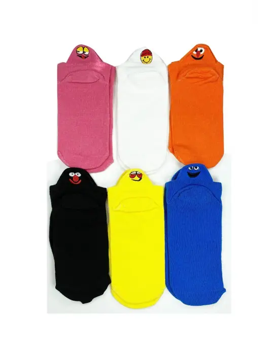 Emoji Desen Nakış Baskılı Kadın Pamuklu Bilek Çorap
