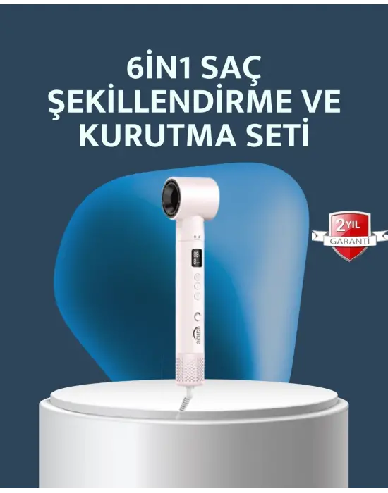 6-in-1 Saç Şekillendirme Seti Yüksek Hızlı Motor Negatif İyon Lcd Ekran