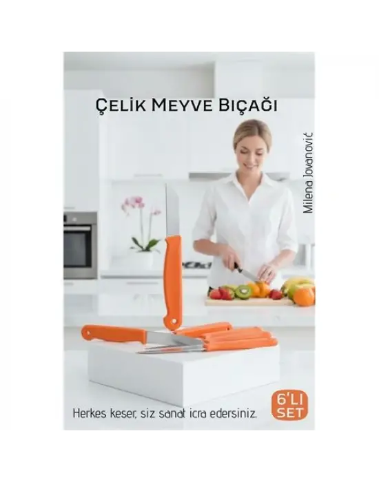 6lı Premium Paslanmaz Çelik Meyve Bıçağı Seti - Turuncu Saplı Keskin Soyma Bıçağı Takımı
