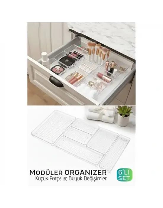 6 Parça Modüler Kristal Çekmece Düzenleyici Seti - Lüks Makyaj, Takı ve Ofis Organizeri