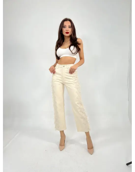 Omarı Yüksek Bel Krem Pantolon