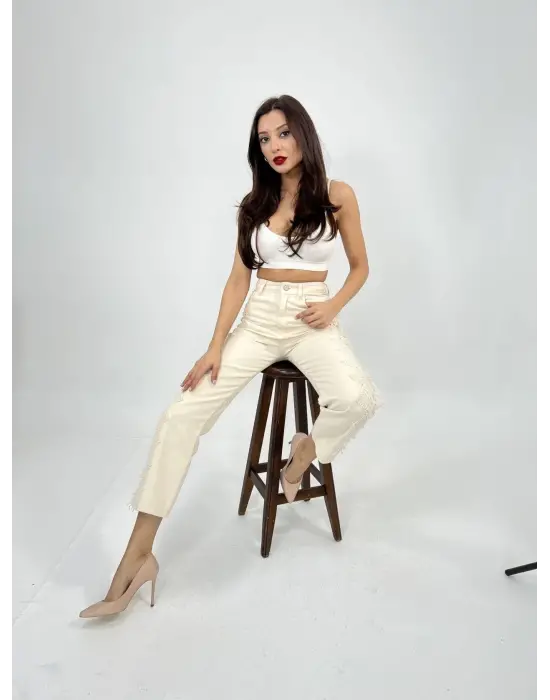 Omarı Yüksek Bel Krem Pantolon