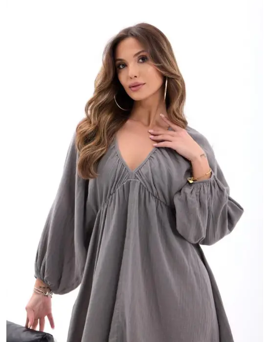 Omarı Gri Uzun Kollu Dantel Detaylı Elbise