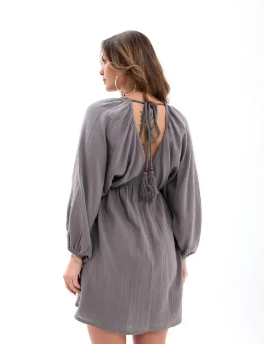 Omarı Gri Uzun Kollu Dantel Detaylı Elbise