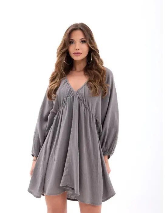 Omarı Gri Uzun Kollu Dantel Detaylı Elbise