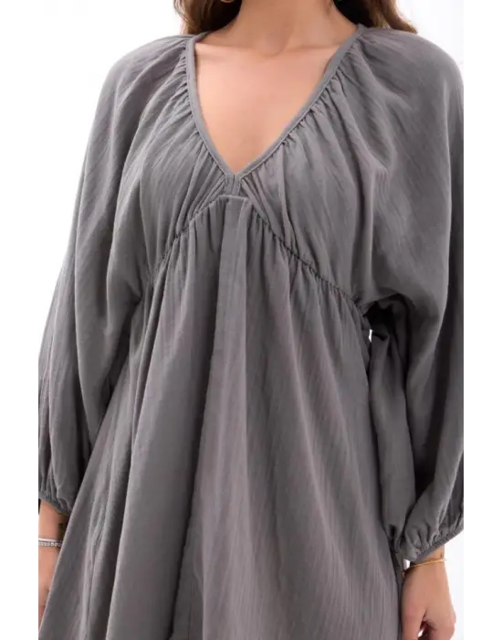 Omarı Gri Uzun Kollu Dantel Detaylı Elbise