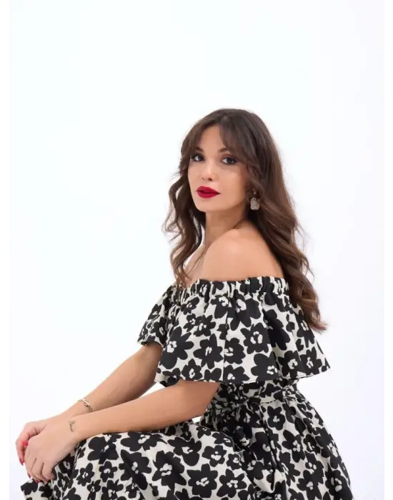 Omarı Etnik Desenli Midi Elbise