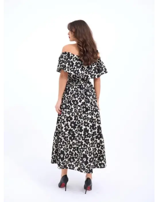 Omarı Etnik Desenli Midi Elbise