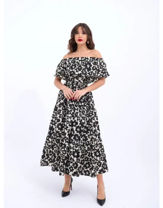 Omarı Etnik Desenli Midi Elbise