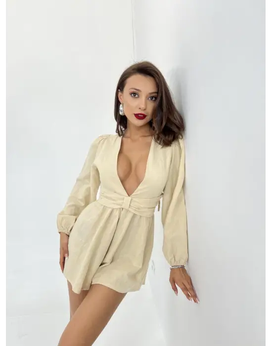 Omarı Taş Detaylı Kısa Tulum Elbise