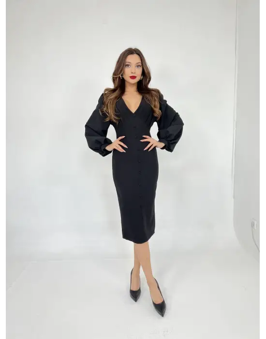 Omarı Kadife Dantel Detaylı Siyah Elbise