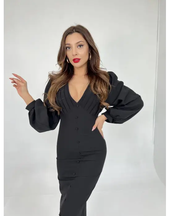 Omarı Kadife Dantel Detaylı Siyah Elbise