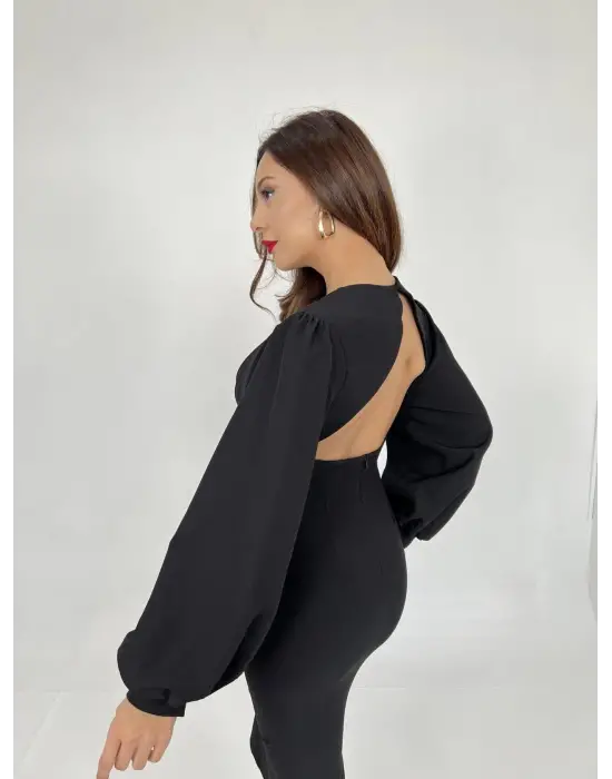 Omarı Kadife Dantel Detaylı Siyah Elbise