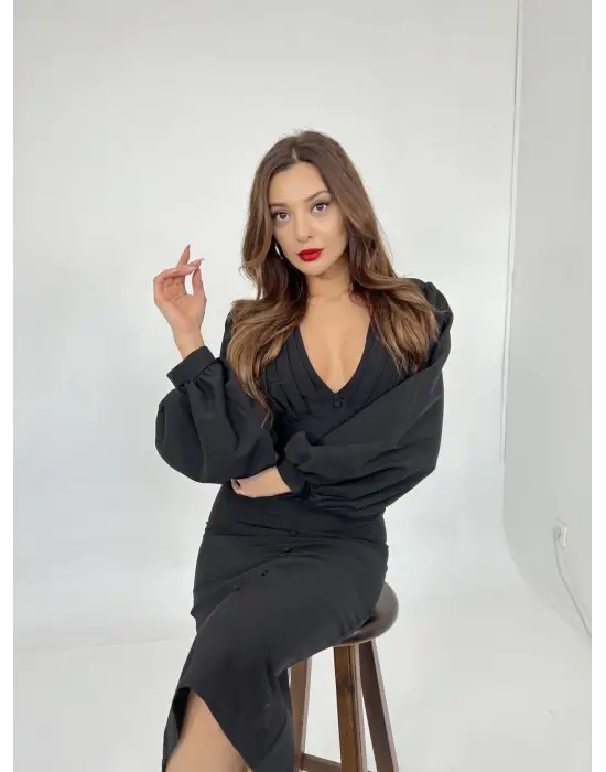 Omarı Kadife Dantel Detaylı Siyah Elbise