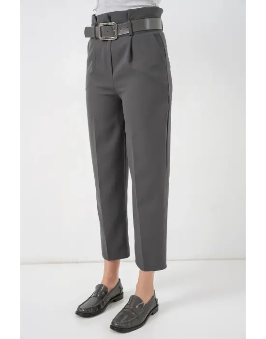 6556 Kemerli Kumaş Pantolon - Antrasit