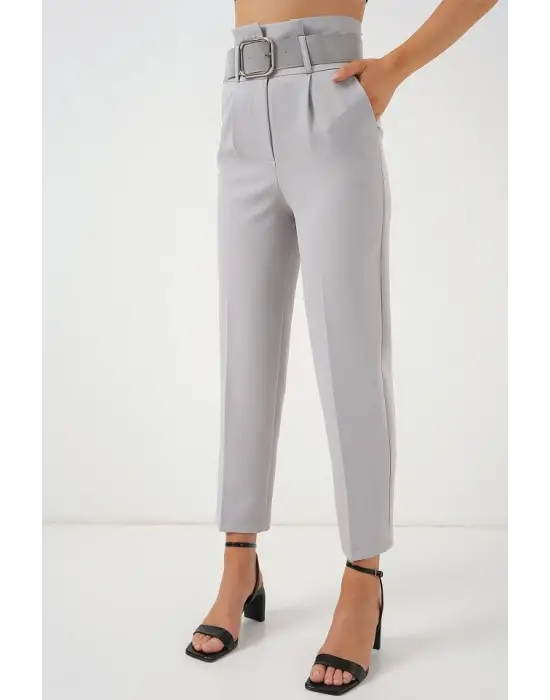 6556 Kemerli Kumaş Pantolon - Gri