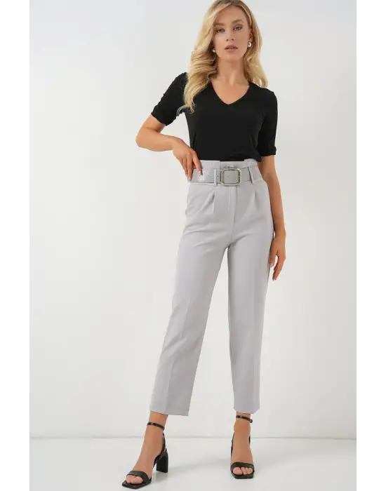 6556 Kemerli Kumaş Pantolon - Gri