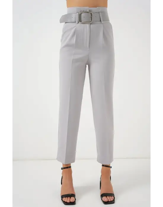 6556 Kemerli Kumaş Pantolon - Gri