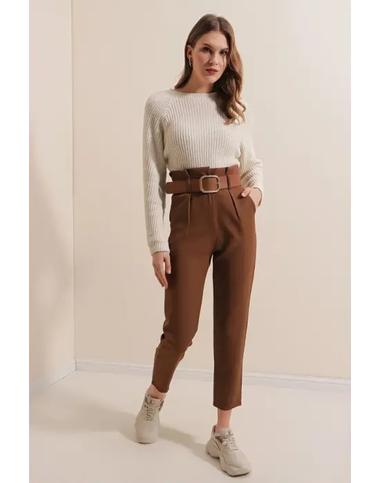 6556 Kemerli Kumaş Pantolon - Kahverengi