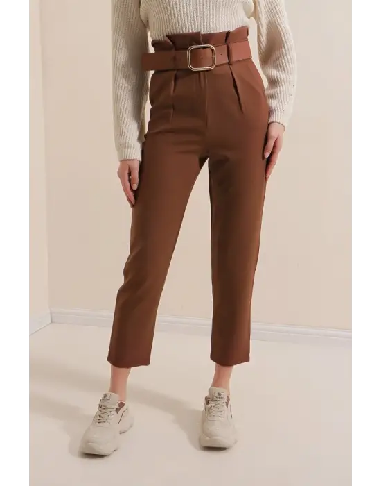 6556 Kemerli Kumaş Pantolon - Kahverengi
