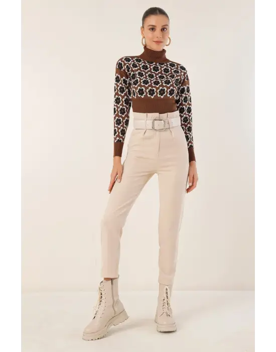 6556 Kemerli Kumaş Pantolon - Krem