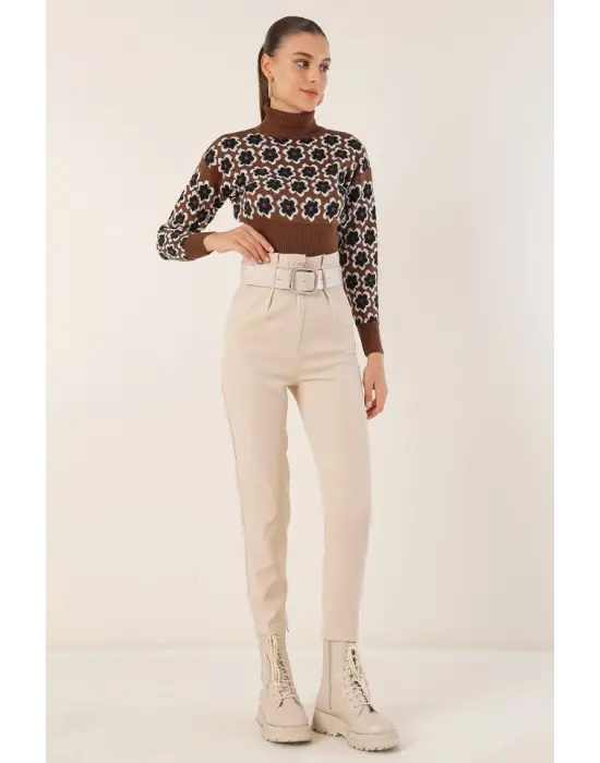 6556 Kemerli Kumaş Pantolon - Krem