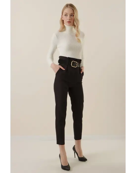 6556 Kemerli Kumaş Pantolon - Siyah
