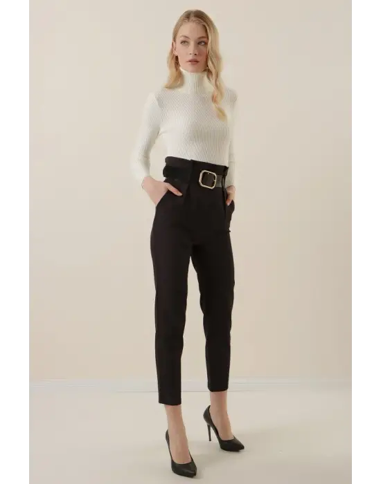 6556 Kemerli Kumaş Pantolon - Siyah