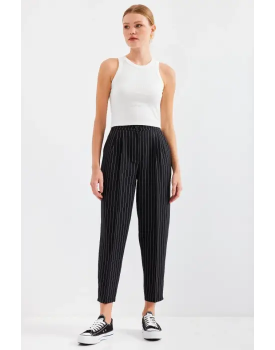 6637 Yüksek Bel Çizgili Kumaş Pantolon - Siyah