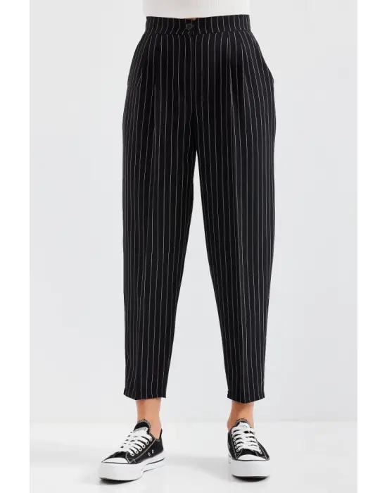 6637 Yüksek Bel Çizgili Kumaş Pantolon - Siyah