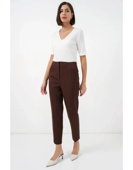 6650 Yüksek Bel Kumaş Pantolon - Kahverengi